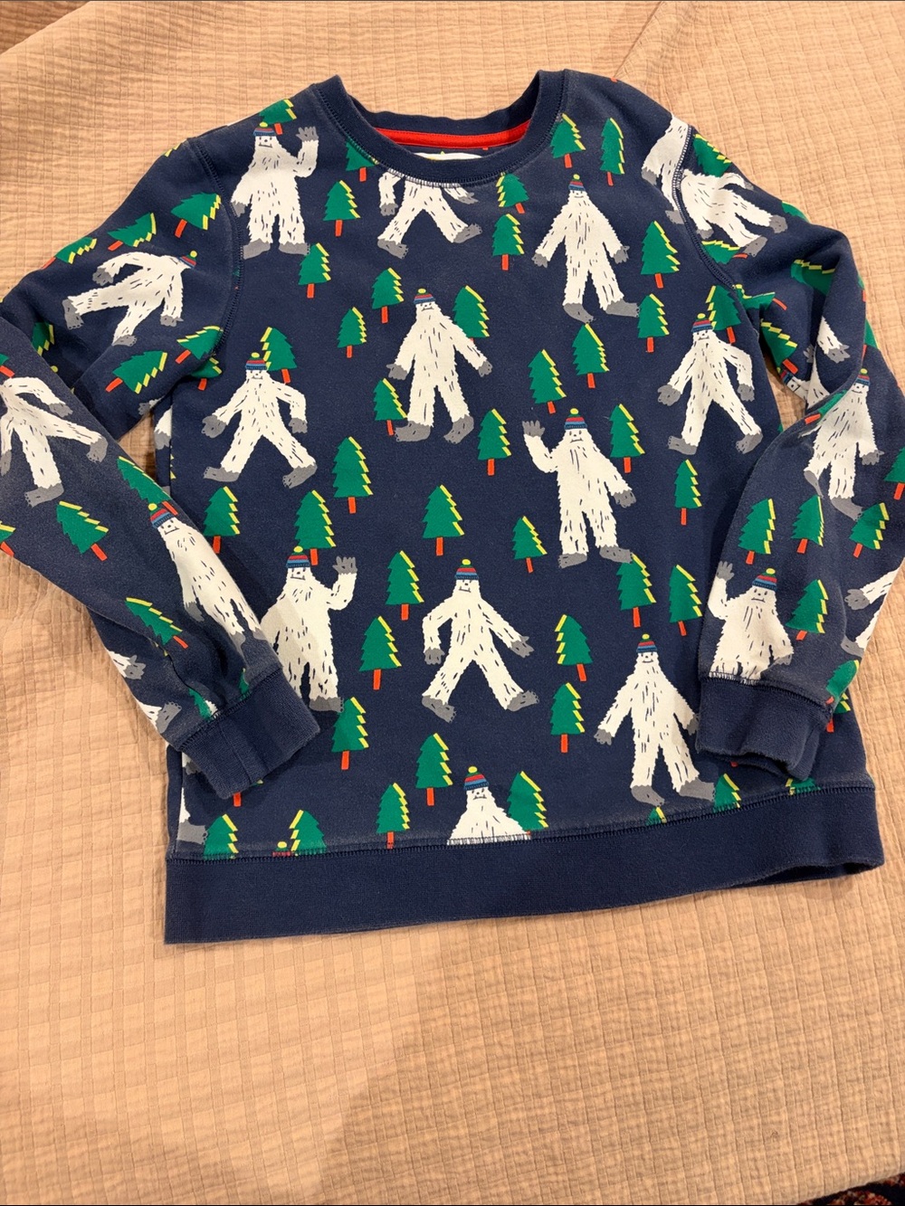 Mini Boden Sweatshirt White Yeti and Green Trees Sz 11-12